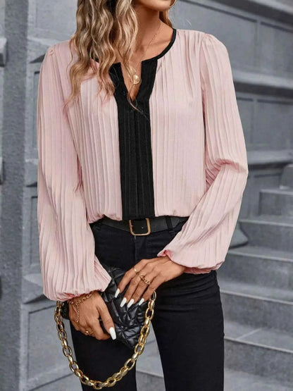 Textured Notched Long Sleeve Blouse