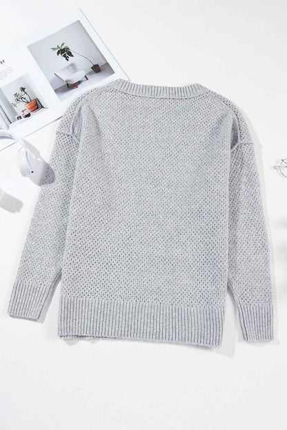 Solid Eyelet V-Neck Drop Shoulder Sweater
