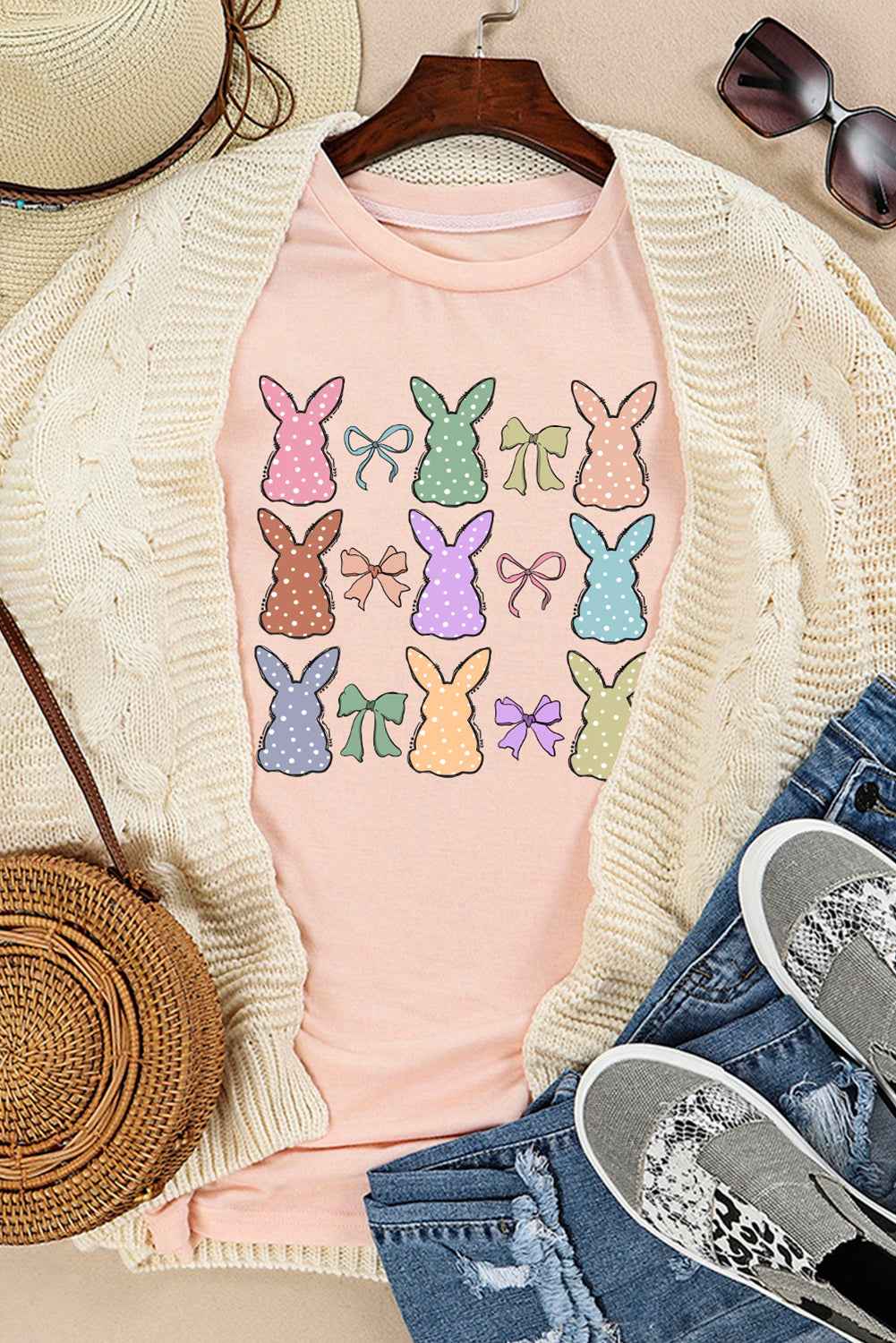 Pink Cute Bunny Bow Graphic Easter Day Fashion T Shirt