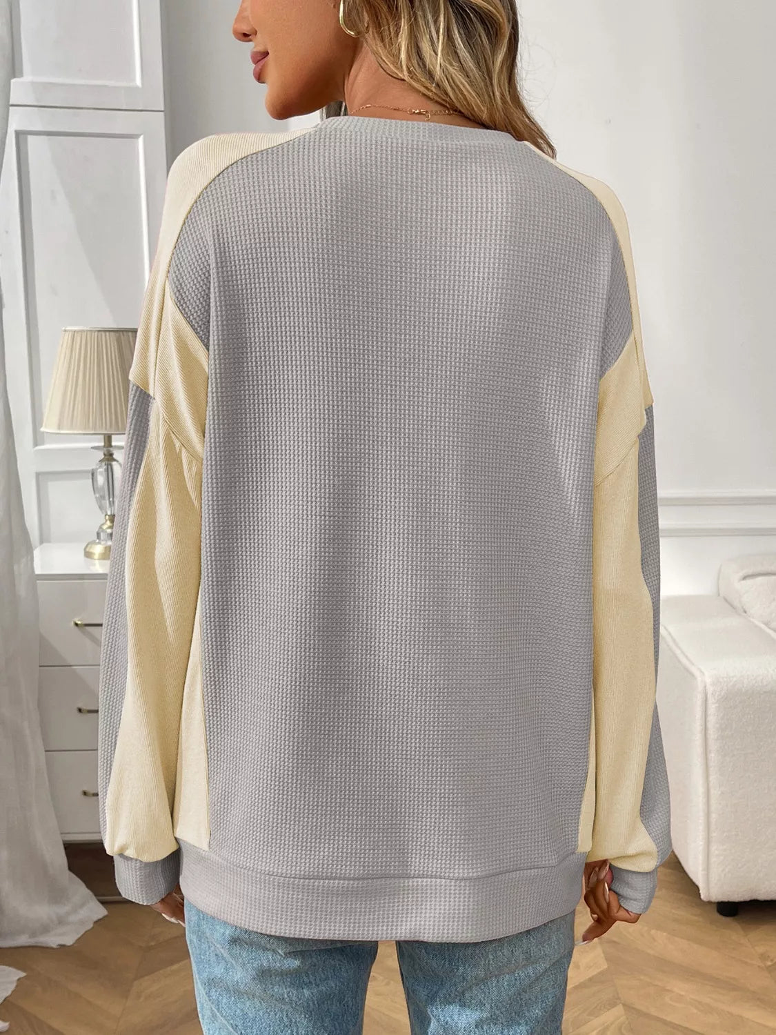 Color Block Waffle Knit Long Sleeve Sweater