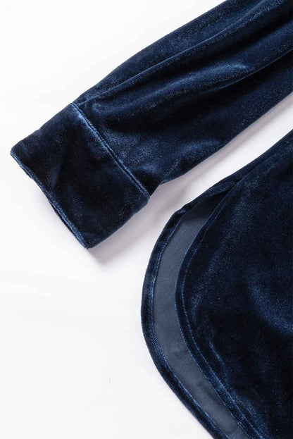 Green Frilled Neck Buttoned Front Velvet Wome Top