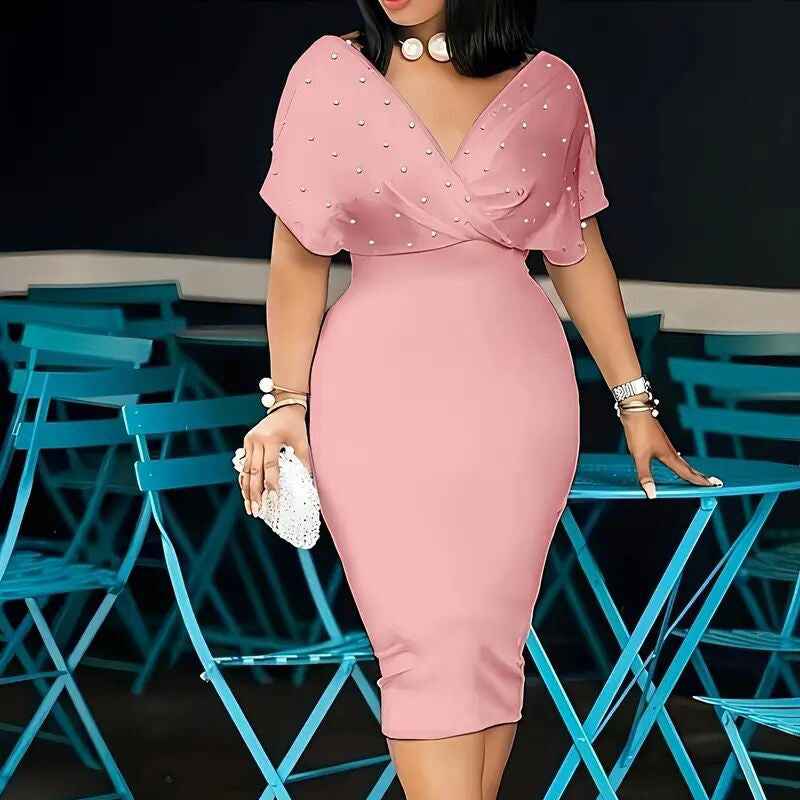 Women's Elegant Deep V Neck Wrap Bodycon Dress Back Zipper Pencil Midi Dress