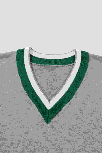 Varsity Stripe Contrast Trim V-Neck Sweater