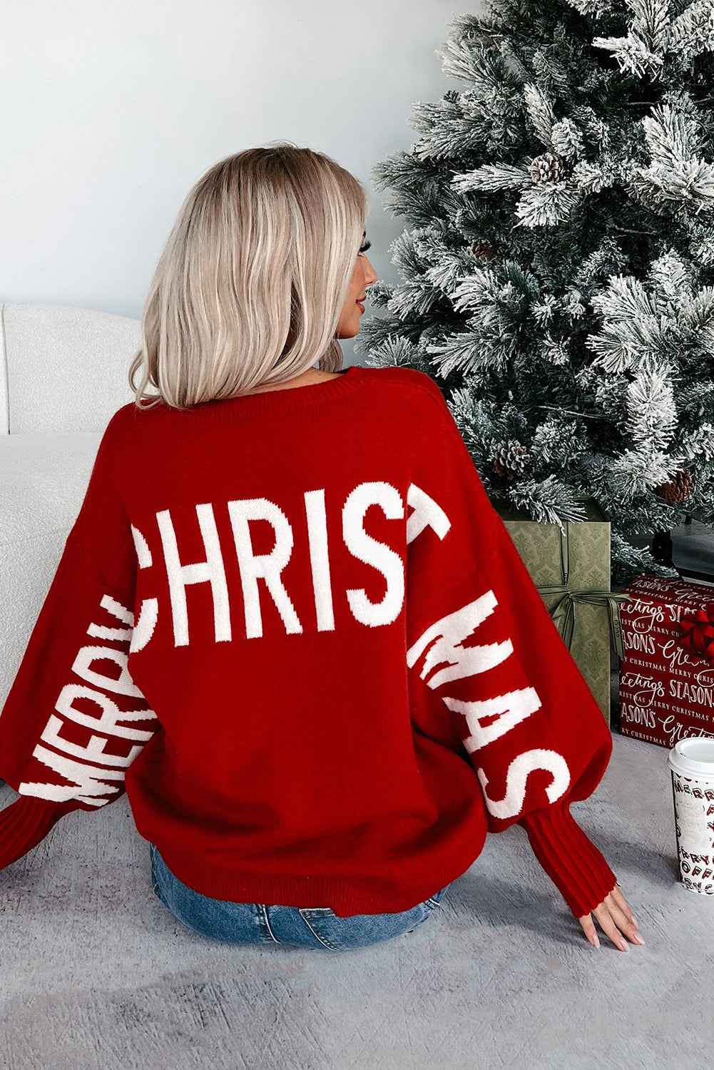 Fiery Red Merry Christmas Ho Ho Ho Drop Shoulder Loose Sweater
