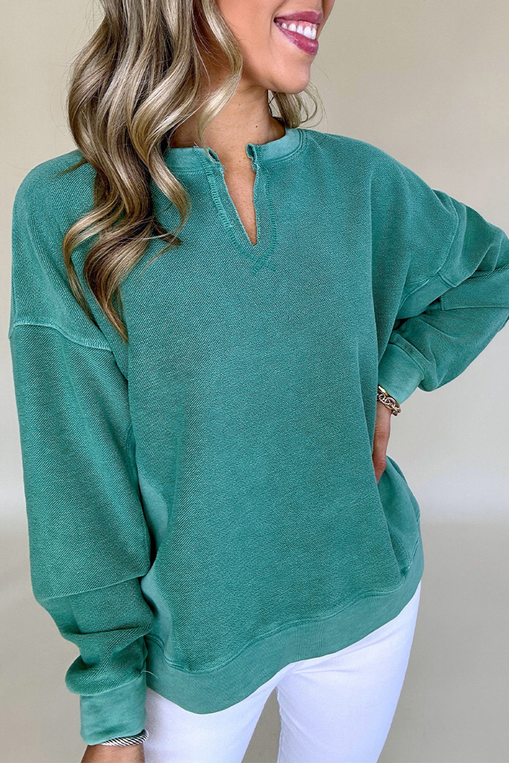 Skobeloff Solid Color Notched Neck Drop Shoulder Women's Sweatshirt