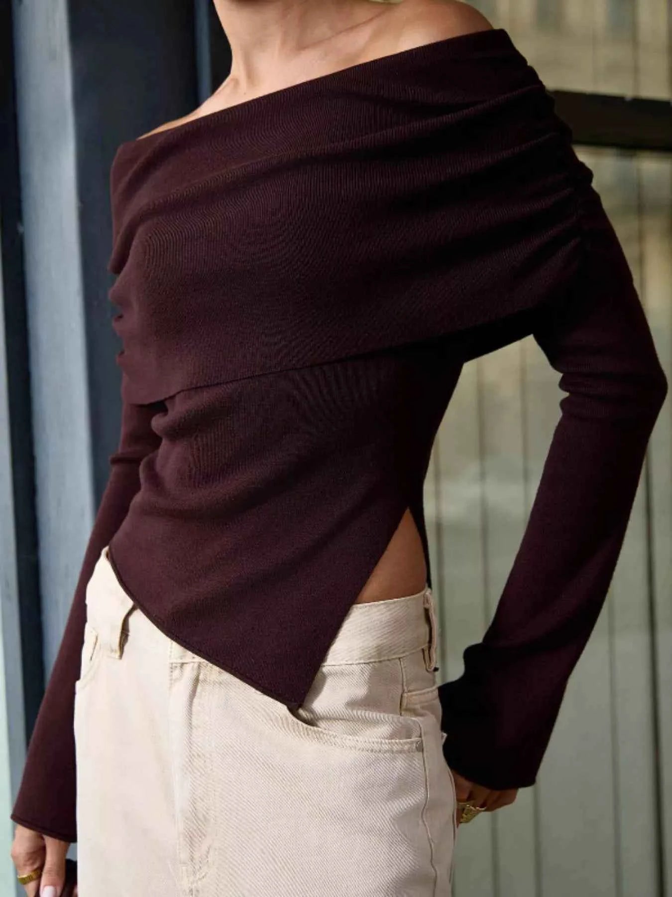 Asymmetrical Hem Off Shoulder Long Sleeve Knit Top