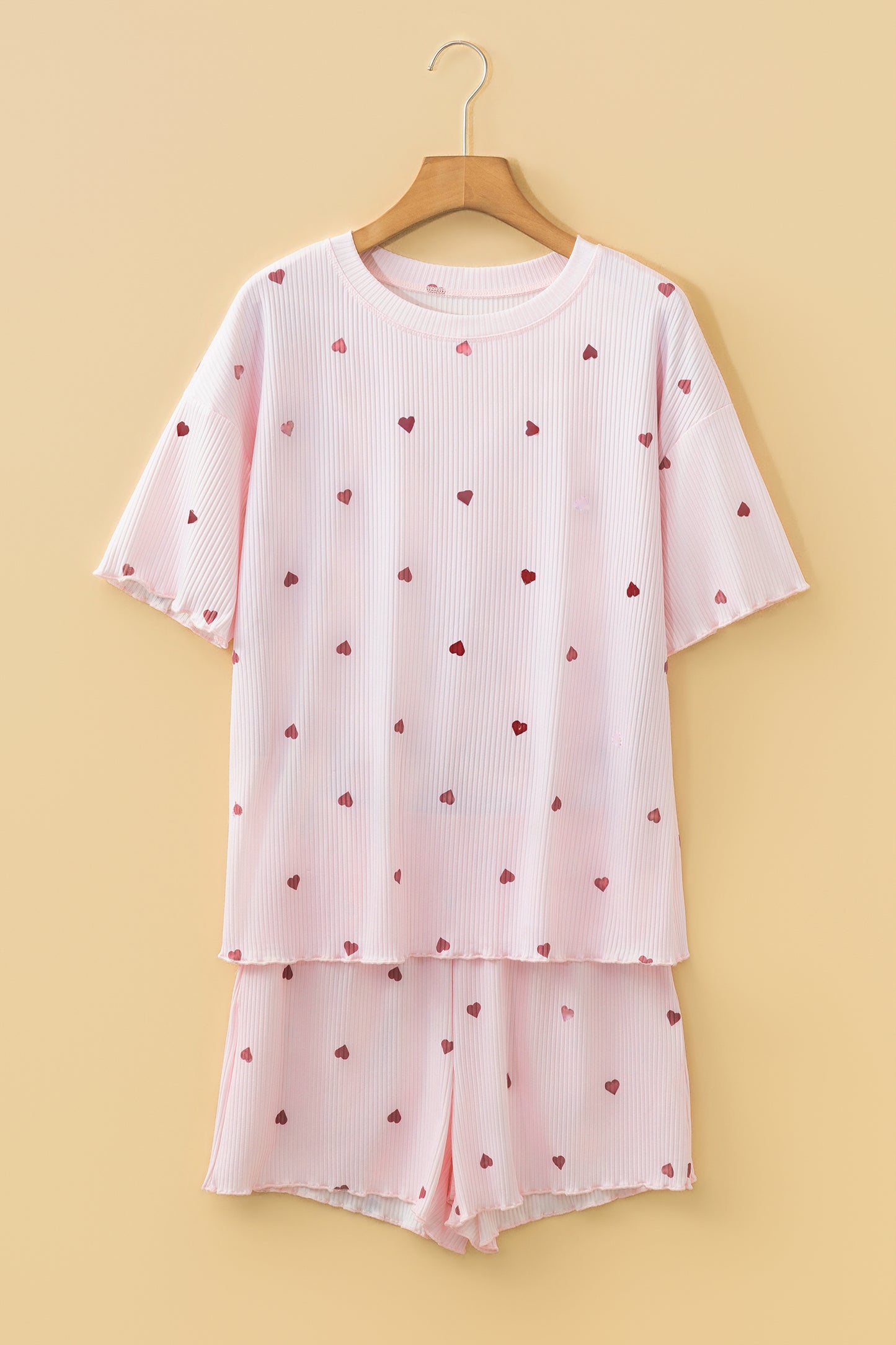 Light Pink Valentine Heart Shape Print Ribbed Knit Short Loungewear