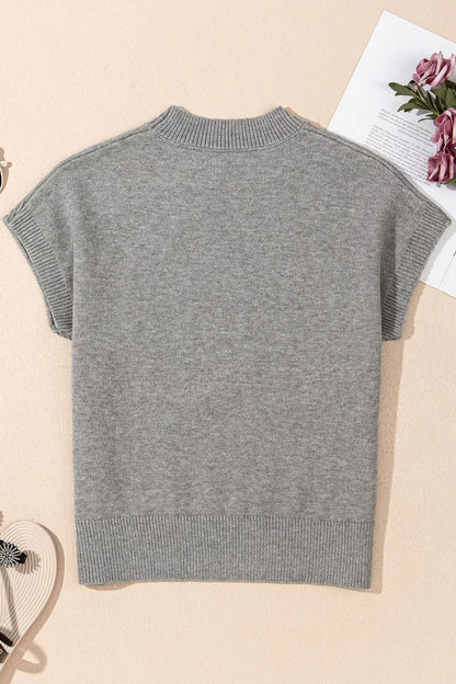 Flower Pattern Ribbed Trim Short Sleeve Boxy Sweater