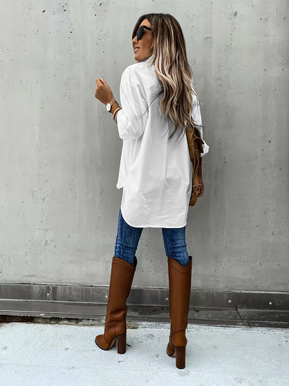 Simple Casual Long Sleeve Blouse with Pocket Women's Blouse