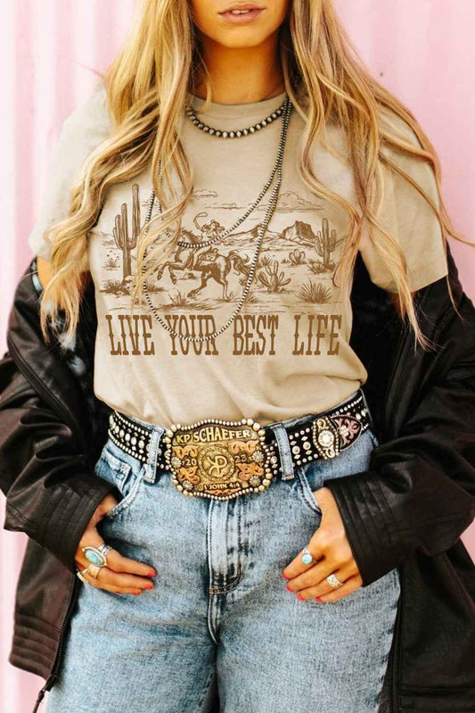 Beige LIVE YOUR BEST LIFE Crew Neck Graphic Tee