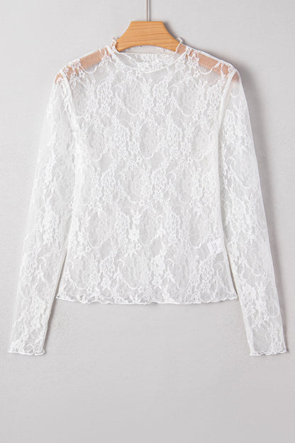 Sheer Lace Mesh Mock Neck Long Sleeve Top