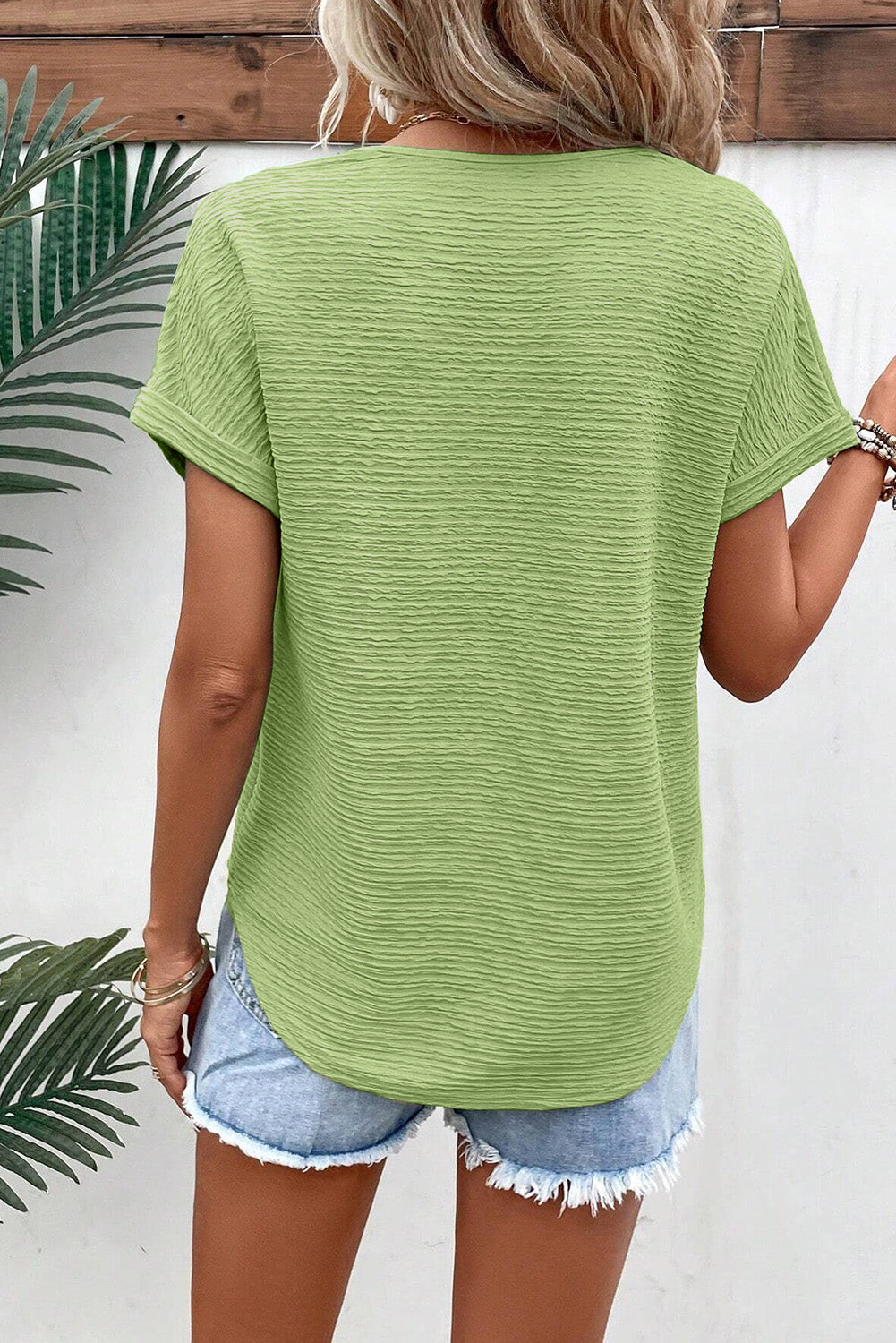 Pale Khaki Textured Wide Sleeve V Neck Women's T Shirt