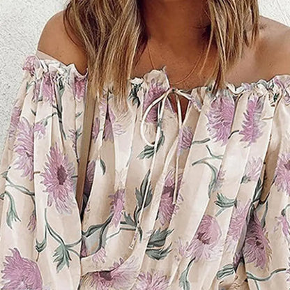 Women's Off-Shoulder Chiffon Print Long Sleeve  Women's Top