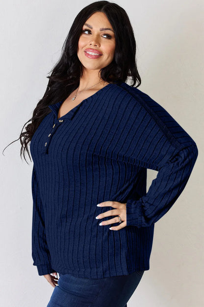 Basic Bae Full Size Ribbed Half Button Long Sleeve Women's T-Shirt - The Eggy's store