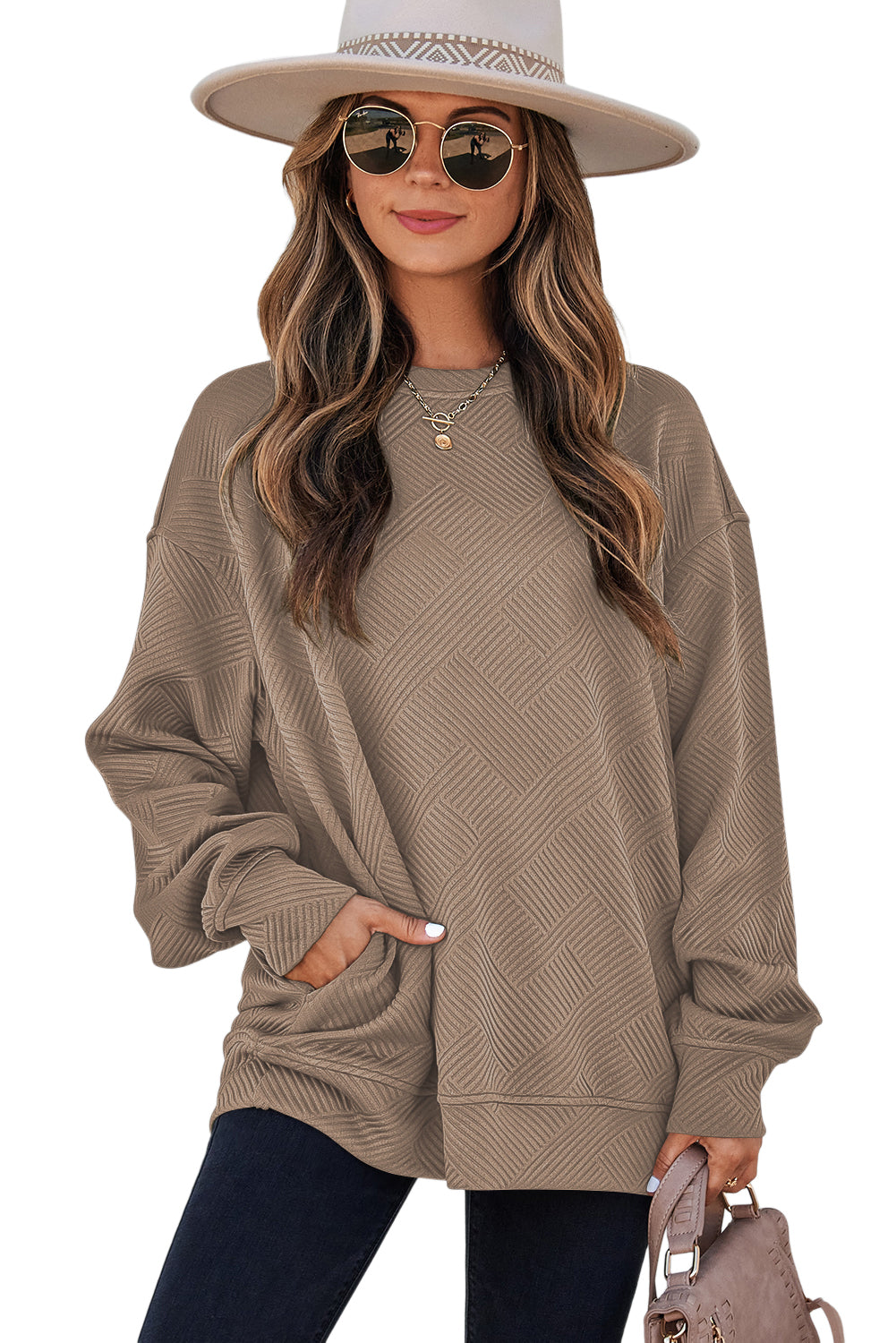Solid Color Textured Round Neck Drop Shoulder Pullover Sweatshirt