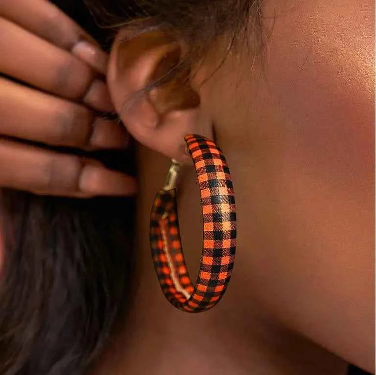 Plaid PU Leather Hoop Holiday Earrings