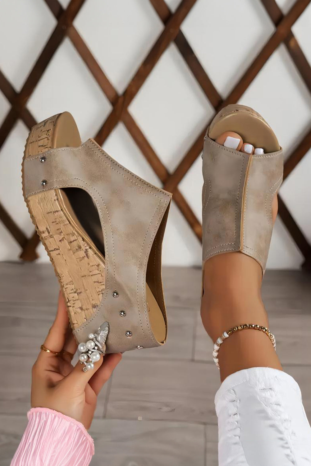 Chestnut Hollow Out Studded PU Leather Wedge Sandals
