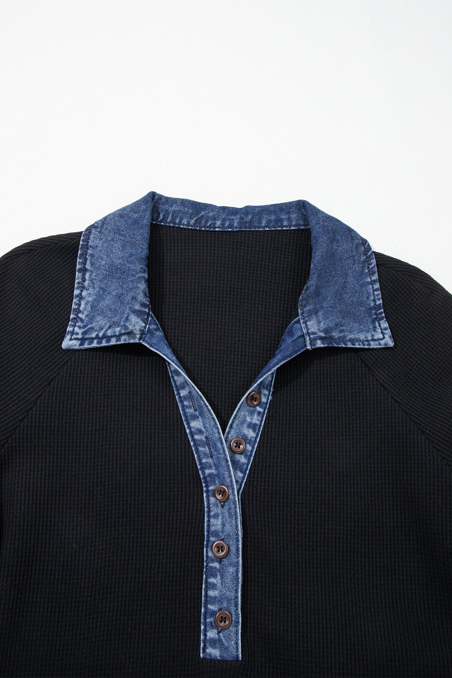 Waffle Knit Polo Top with Denim Trim