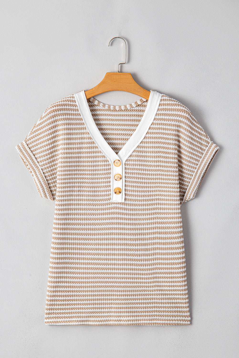 Khaki Striped Button Front V Neck Knitted Women's Top - The Eggy's store