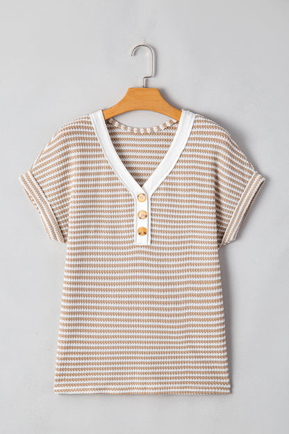 Khaki Striped Button Front V Neck Knitted Women's Top - The Eggy's store