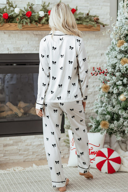 Bow Long Sleeve Top and Pants Pajama Set
