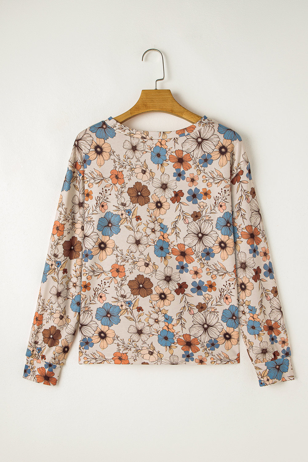 Khaki Floral Print Women's Top - Allover Floral Crew Neck Long Sleeve - The Eggy's store