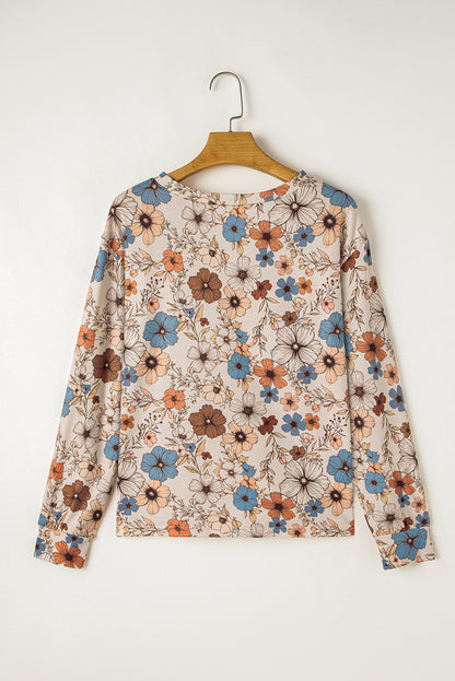 Khaki Floral Print Women's Top - Allover Floral Crew Neck Long Sleeve - The Eggy's store