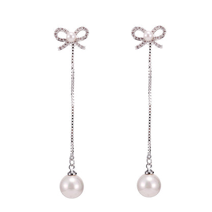 Sterling Silver Bow Earrings with Pearl - Hypoallergenic Long Pendant Jewelry Two Ways - The Eggy's store