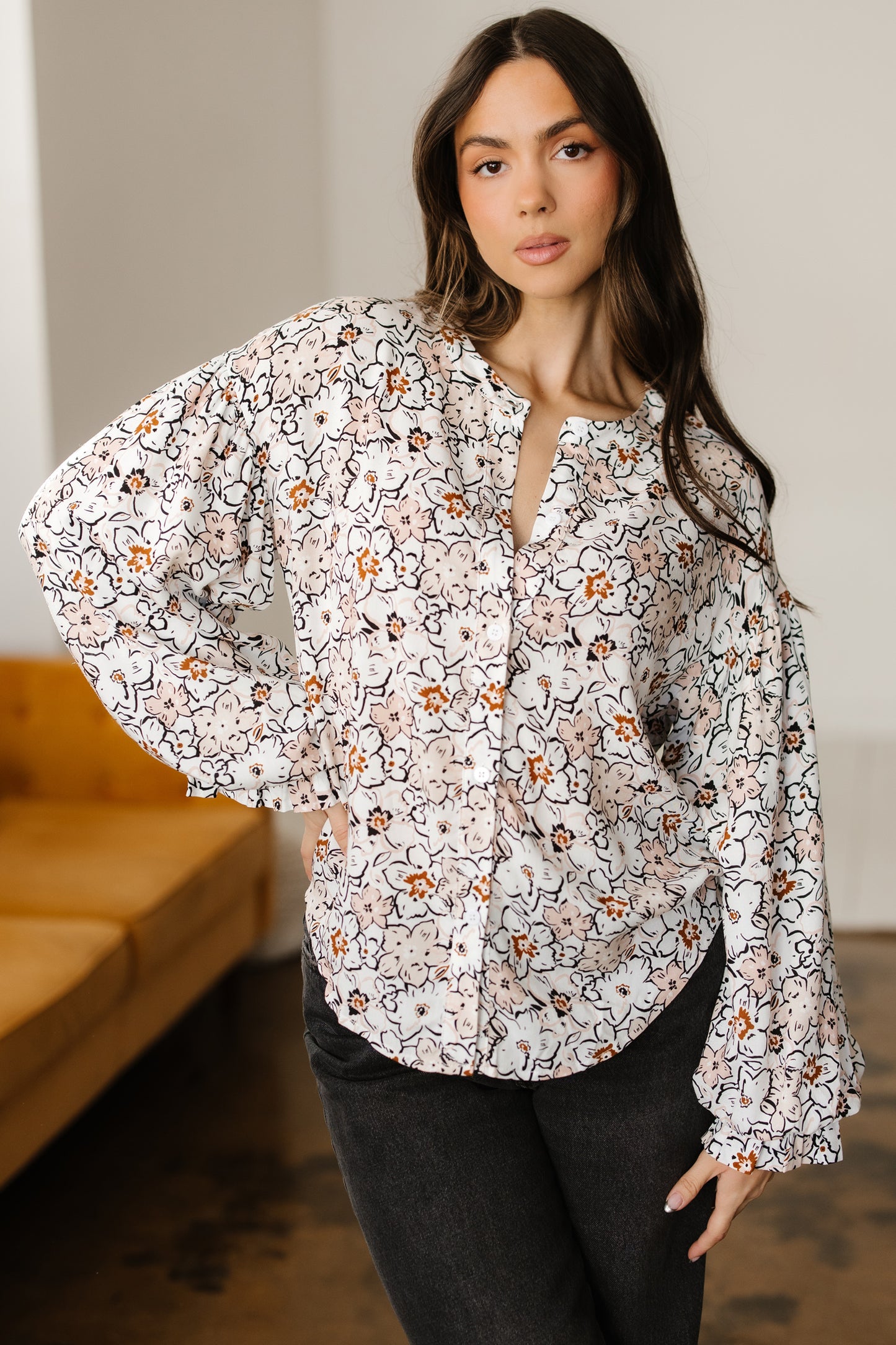 Khaki Bold Floral Print Frilled Puff Sleeve Button Down Women's Blouse