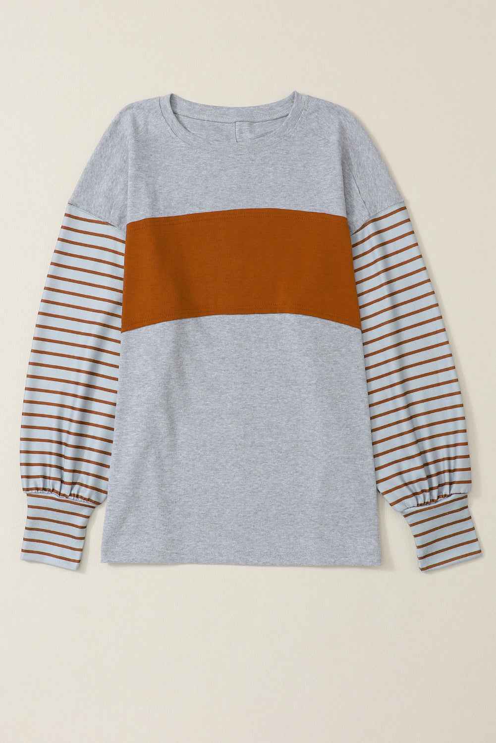 Gray Colorblock Striped Bishop Sleeve Side Slits Top