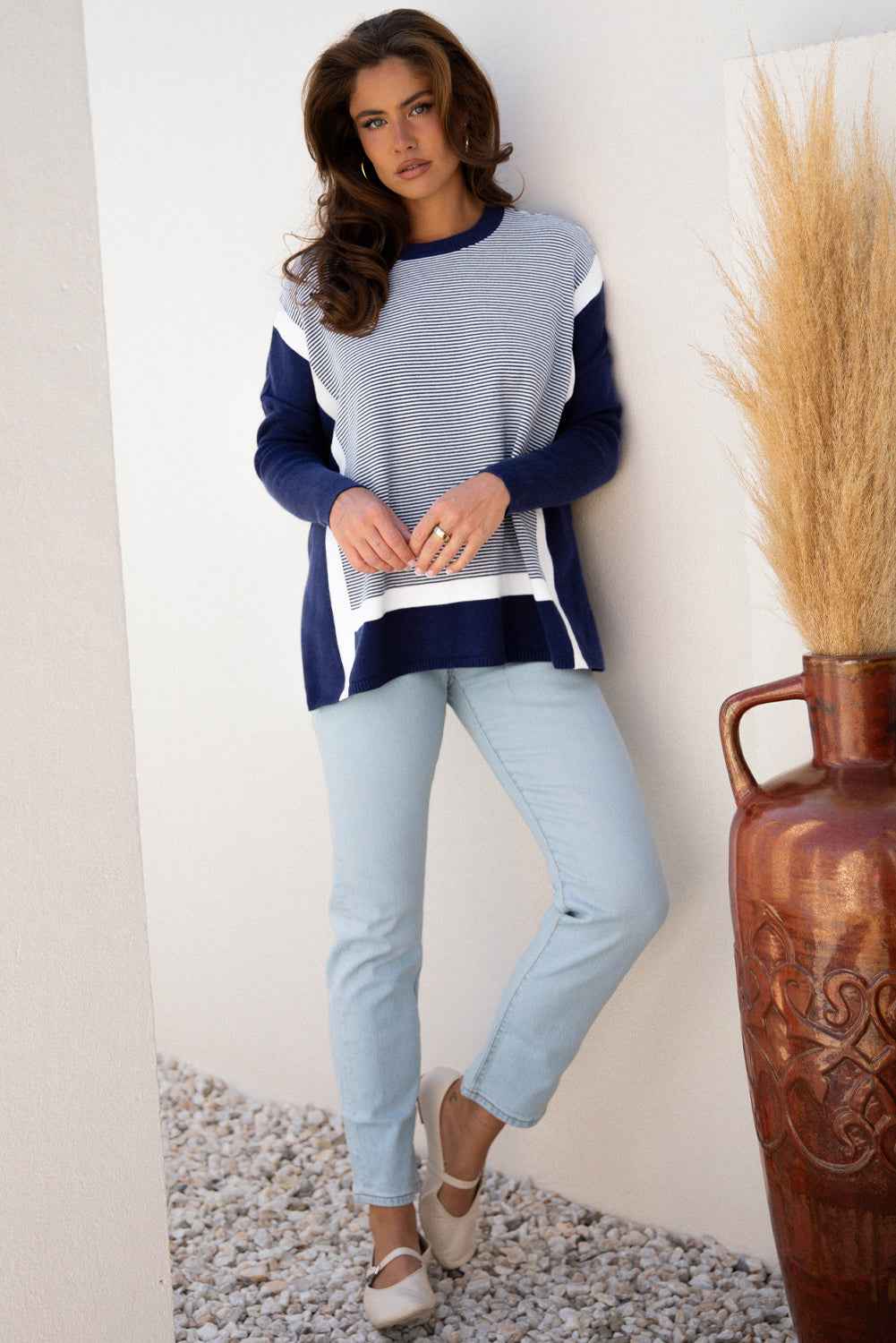 Stripe Colorblock Patchwork Dolman Sleeve Sweater