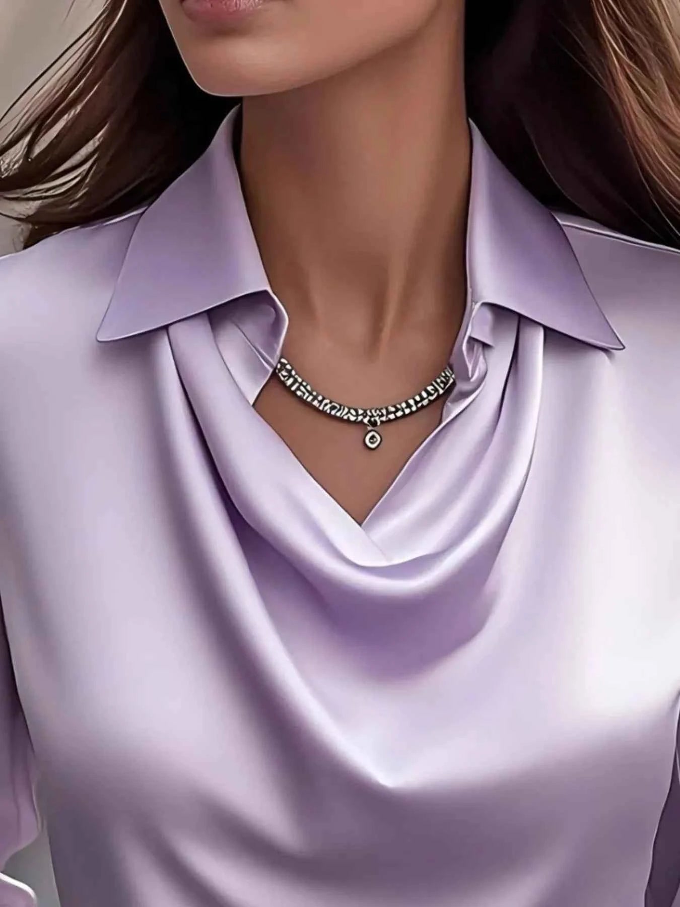 Satin Collar Long Sleeve Blouse for Women Office Wear