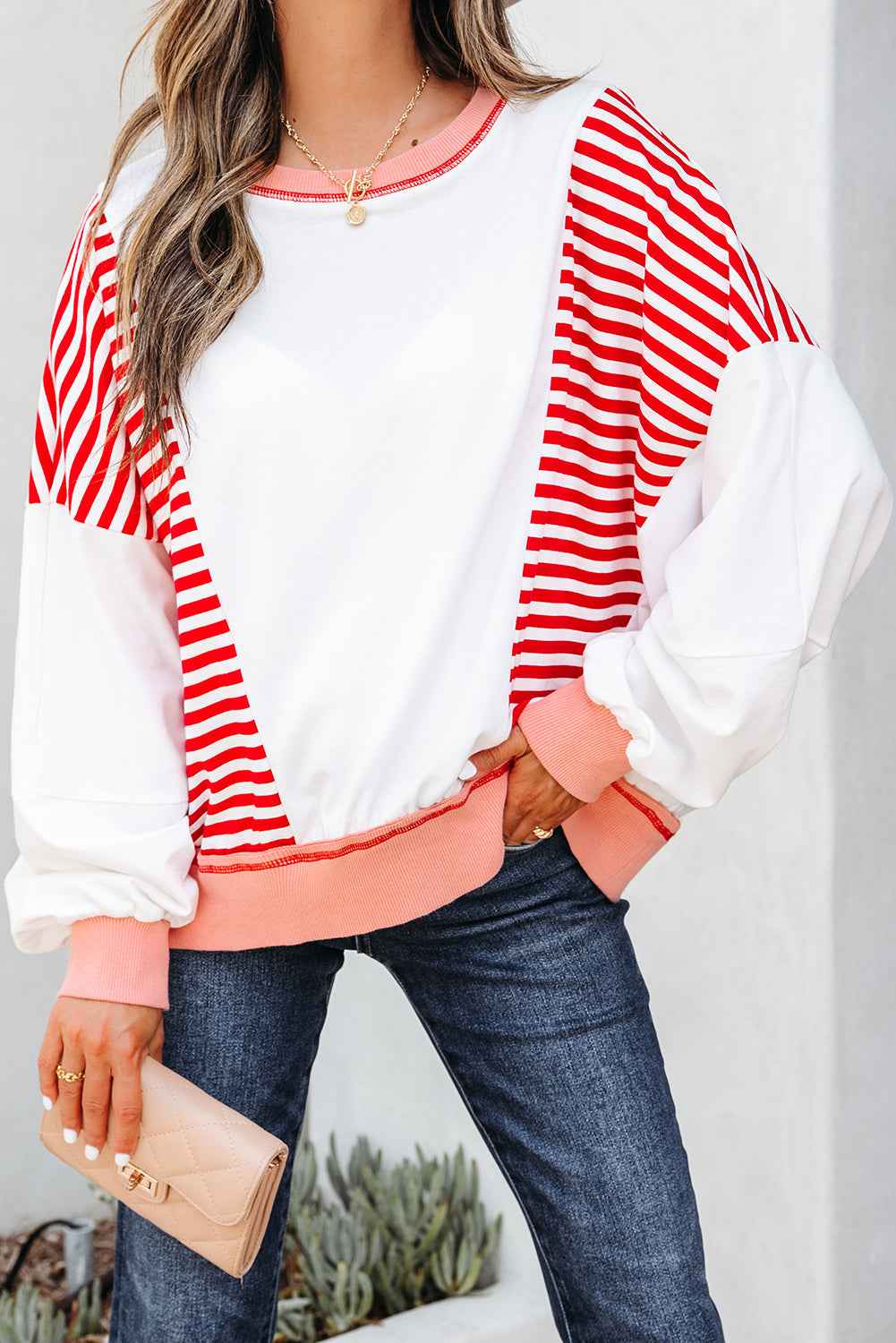 Stripe Colorblock Patchwork Contrast Stitch Sweatshirt