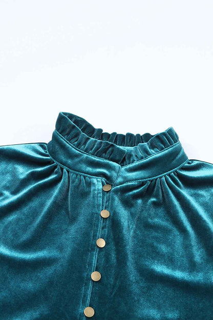 Green Frilled Neck Buttoned Front Velvet Wome Top