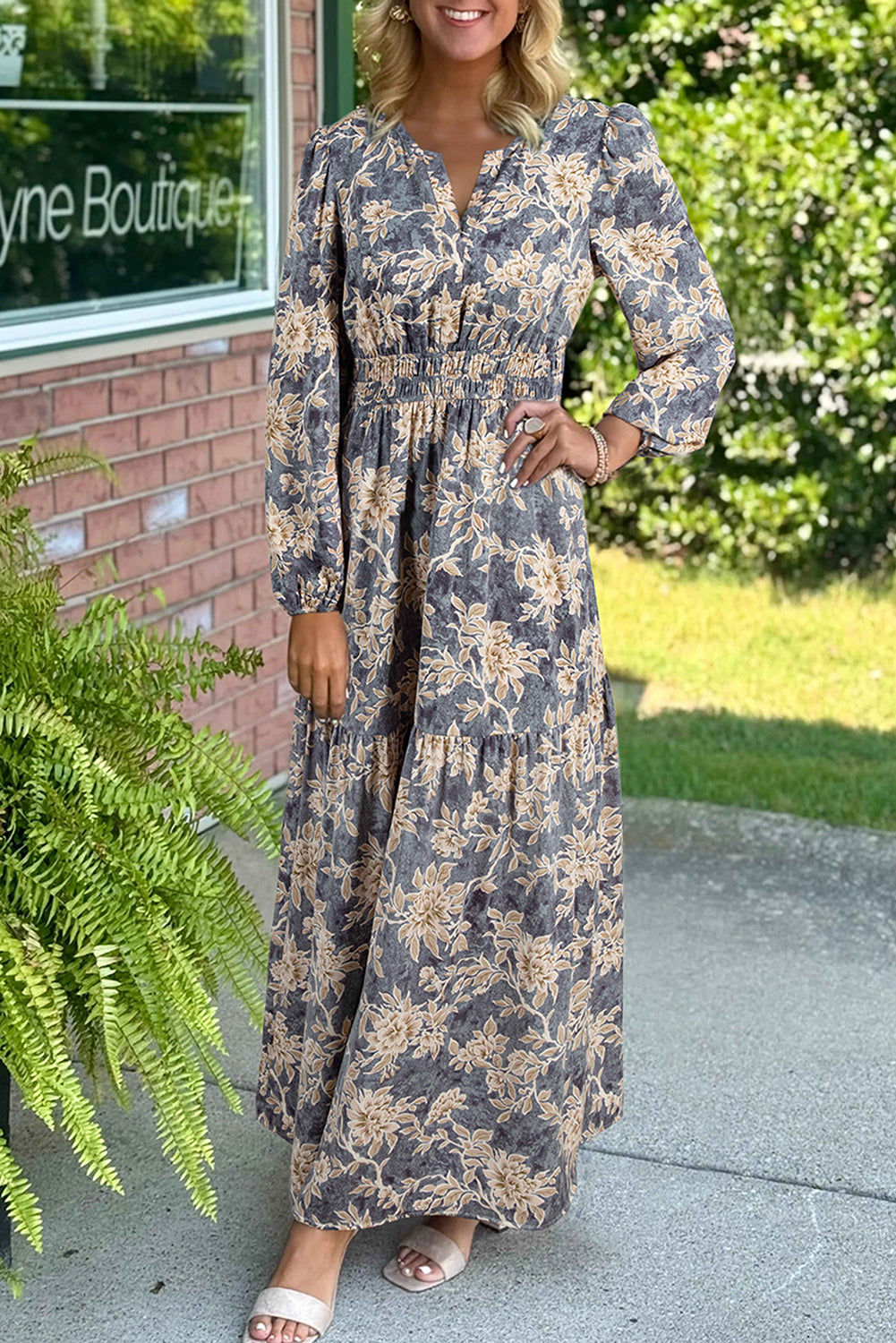 Sky Blue Floral Smocked High Waist Long Sleeve Maxi Dress