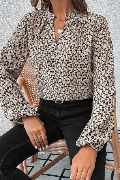 Green Geometric Print Notched Neck Long Sleeve Blouse