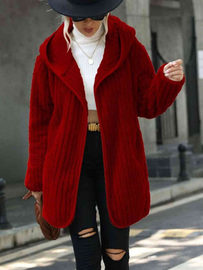 Women Open Front Ribbed Hooded Coat