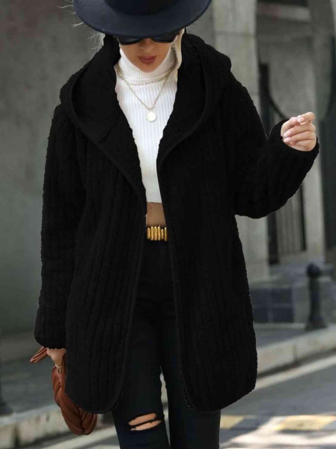 Women Open Front Ribbed Hooded Coat
