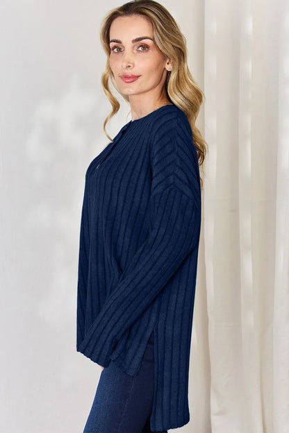 Basic Bae Full Size Ribbed Half Button Long Sleeve High-Low Women's T-Shirt - The Eggy's store