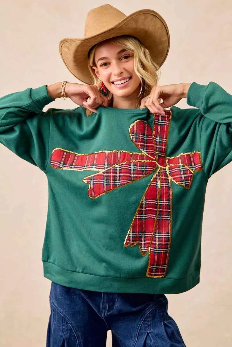 BiBi Plaid Ribbon Bow Detail Christmas Fleece Women's Sweatshirt