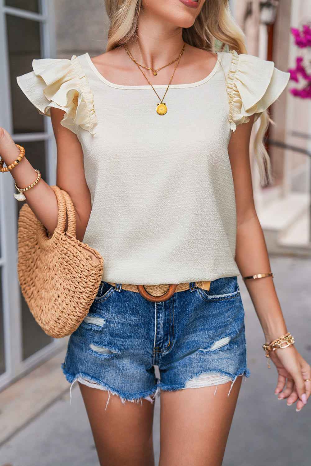 Beige Textured Bow Frilled Ruffle Sleeve Blouse