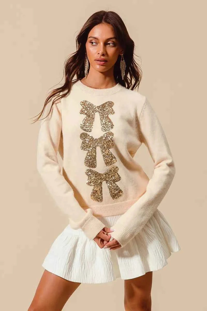 SO ME Sequins Bow Ribbon Embellished Christmas Sweater