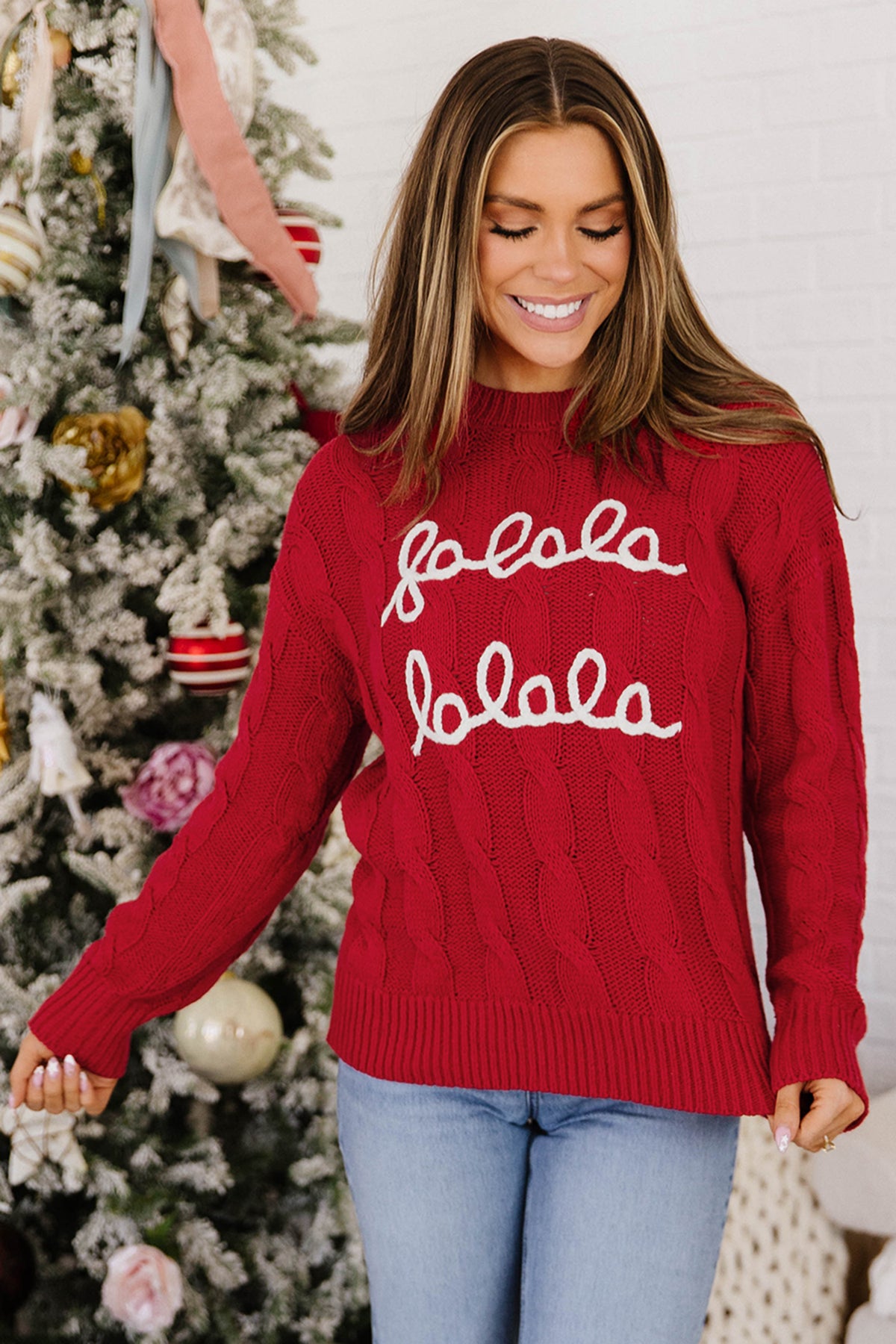 Fiery Red Fa La La Cable Knit Christmas Sweater