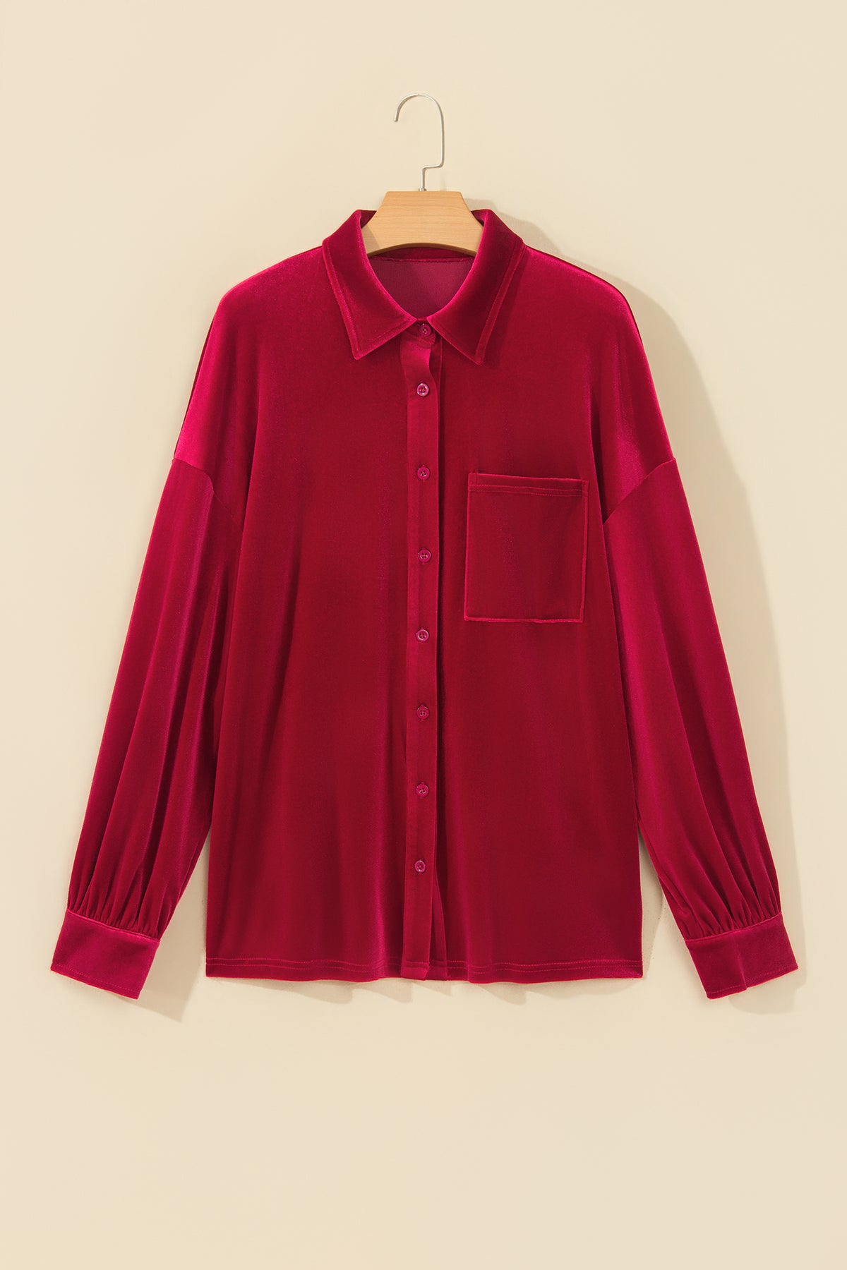 Fiery Red Soft Velvet Patch Pocket Button Down Loose Blouse