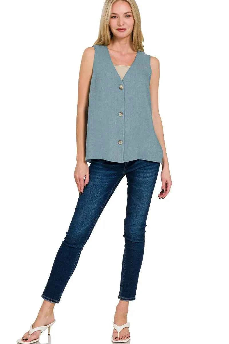 Zenana Side Slit Button-Front Vest