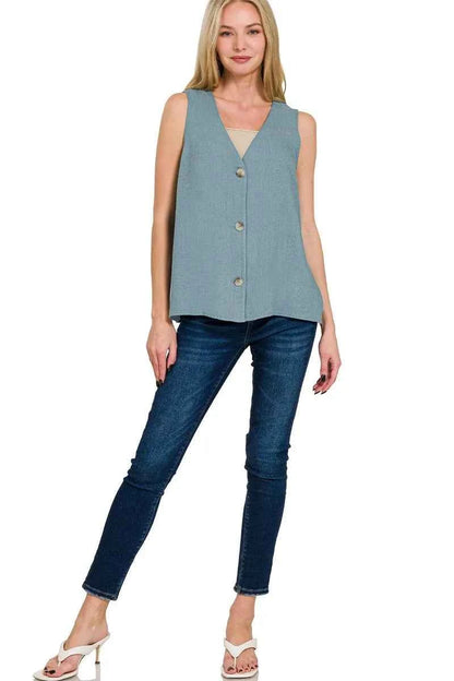 Zenana Side Slit Button-Front Vest