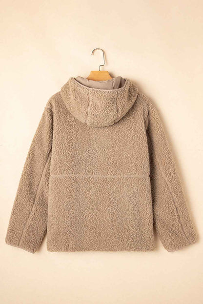 Solid Fleece Zip-Up Drawstring Pocketed Hooded Jacket