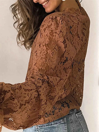 Plus Size Floral Lace Flounce Sleeve Blouse