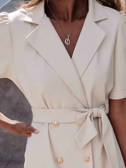 Lapel Collar Short Sleeve Tie Waist Mini Dress