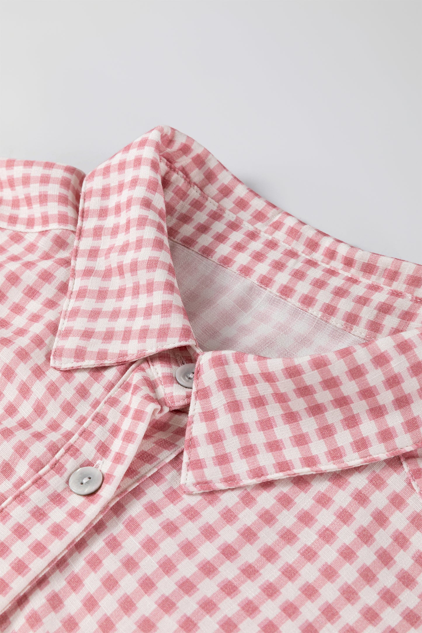 Pink Plaid Half Sleeve Ruffle Hem Button Down Blouse
